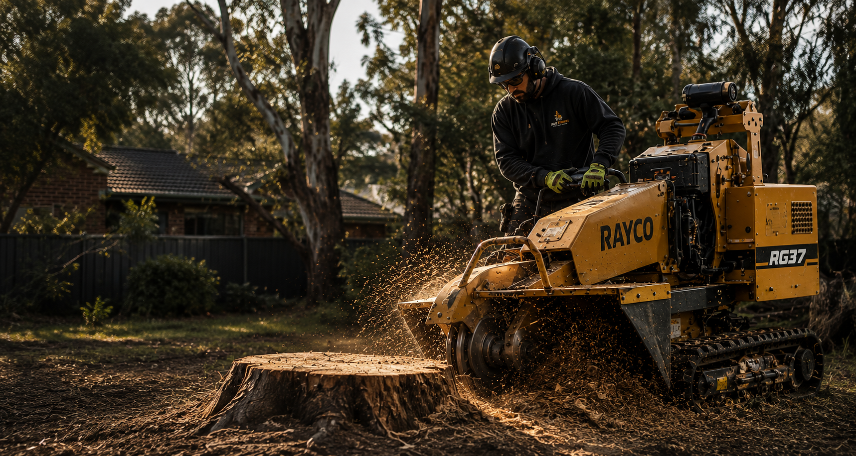 Stump grinder working in a backyard