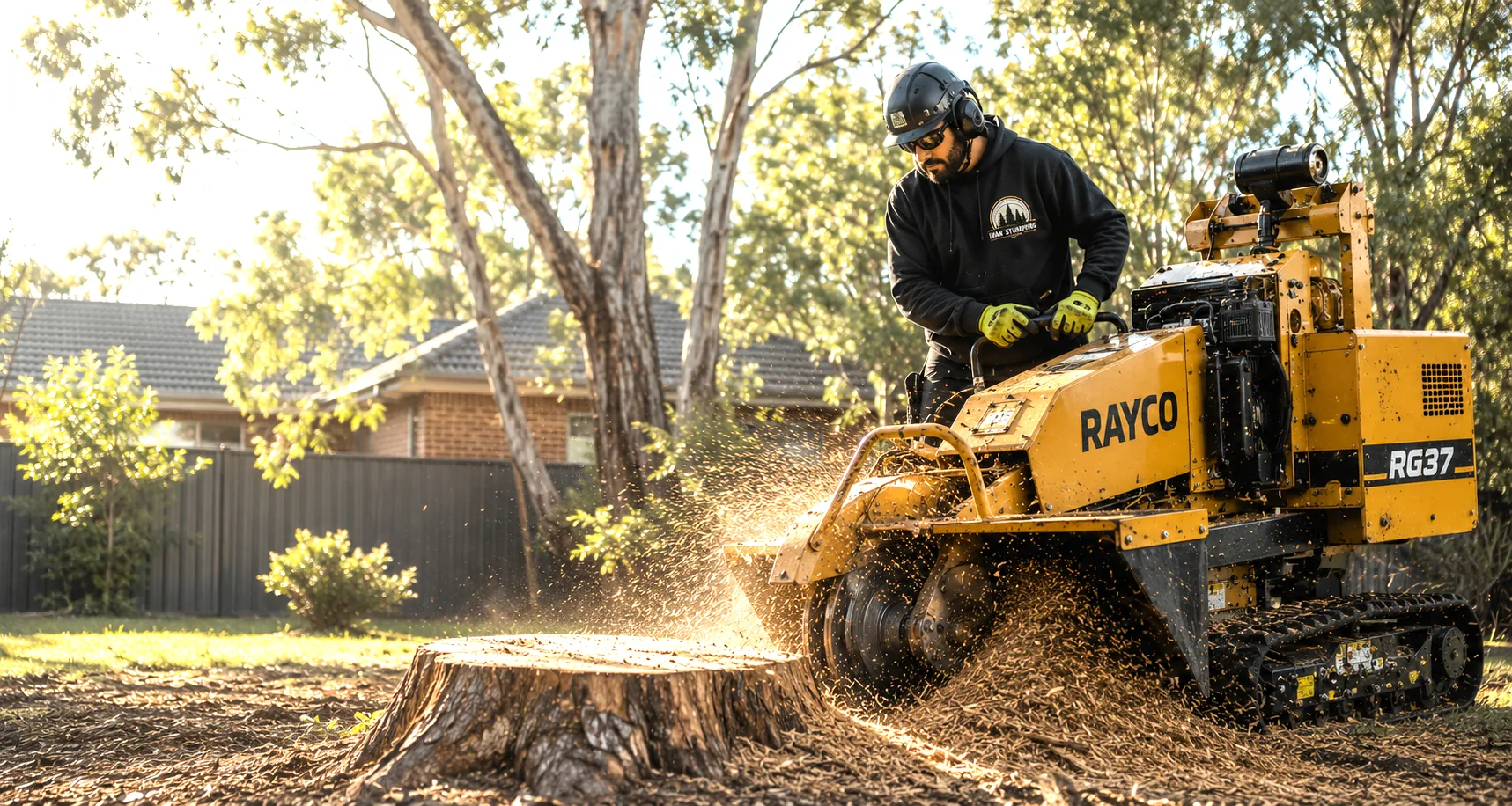Stump grinder working in a backyard